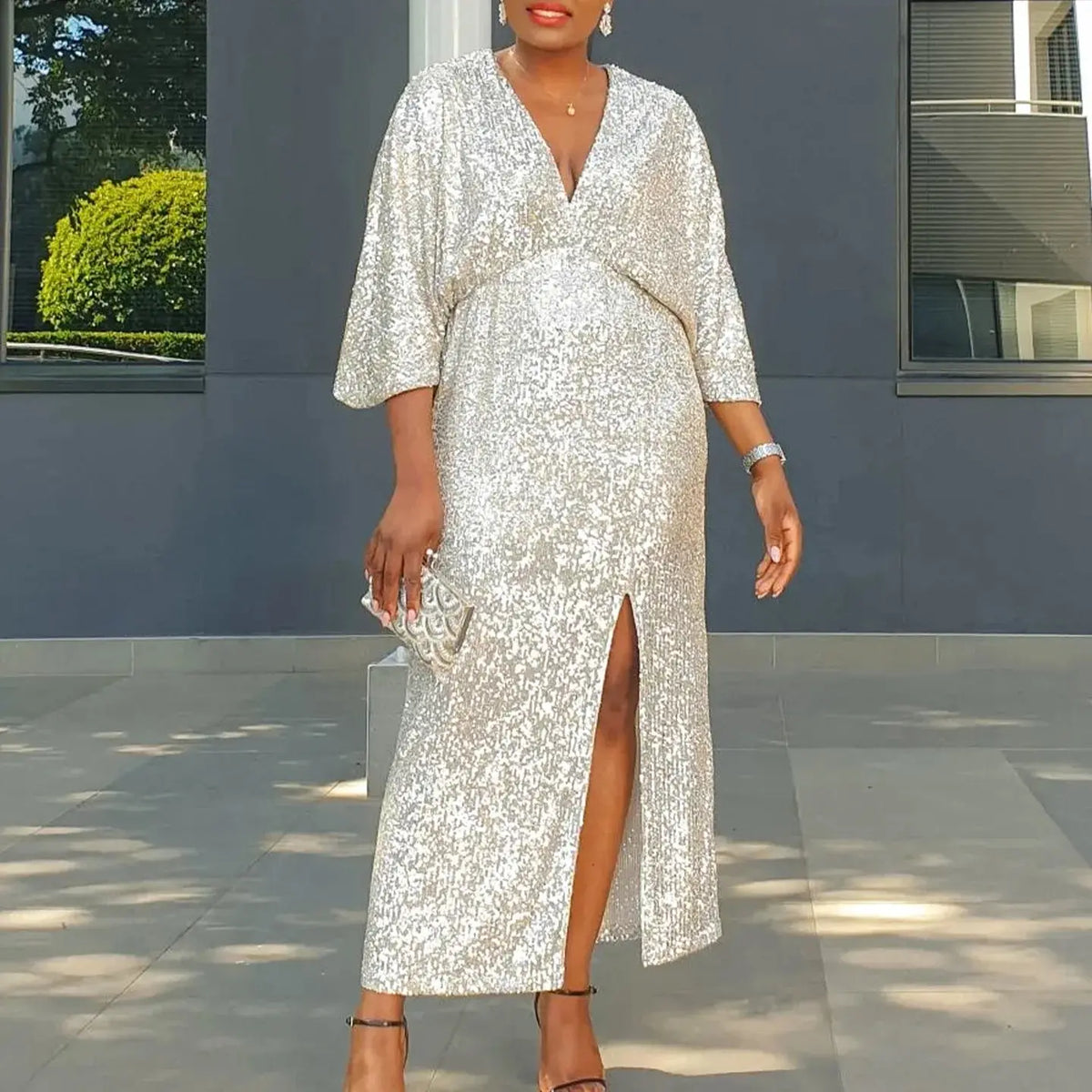 Sequined V-Neck High-Split Gown