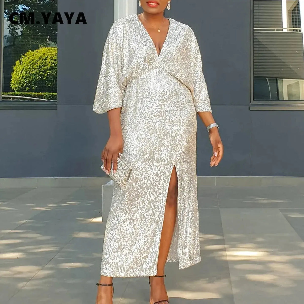 Sequined V-Neck High-Split Gown