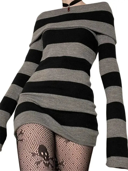 Midnight Striped Boat-Neck Bodycon Dress