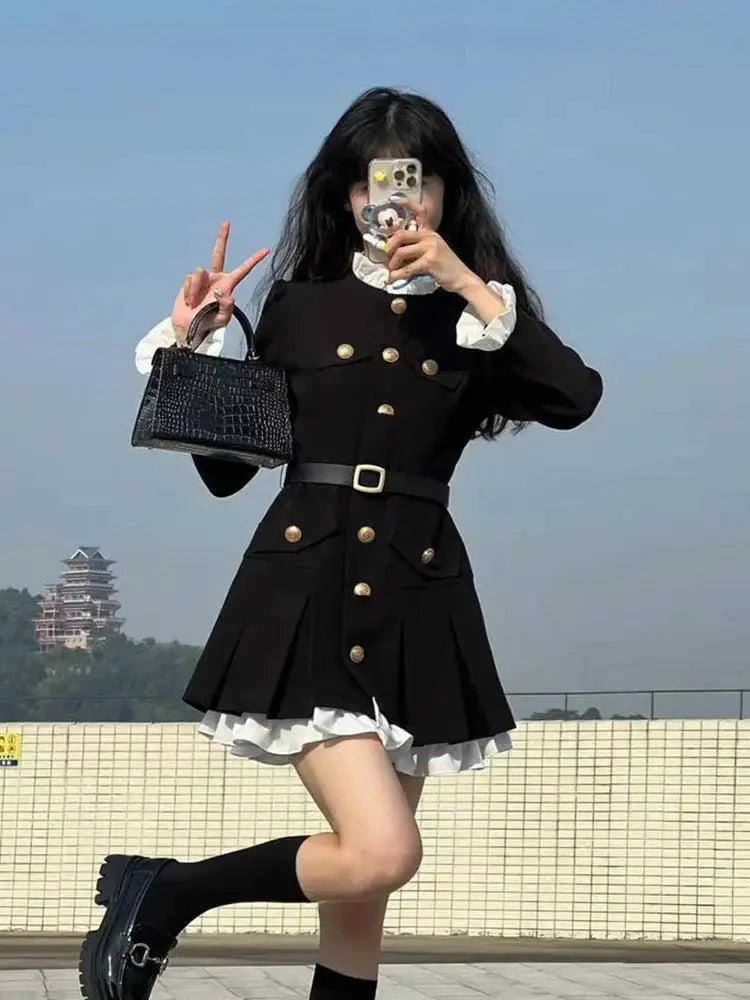 Button-Detail Long-Sleeve Mini Dress