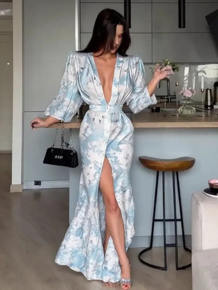 Printed Deep V-Neck Split Maxi Dress