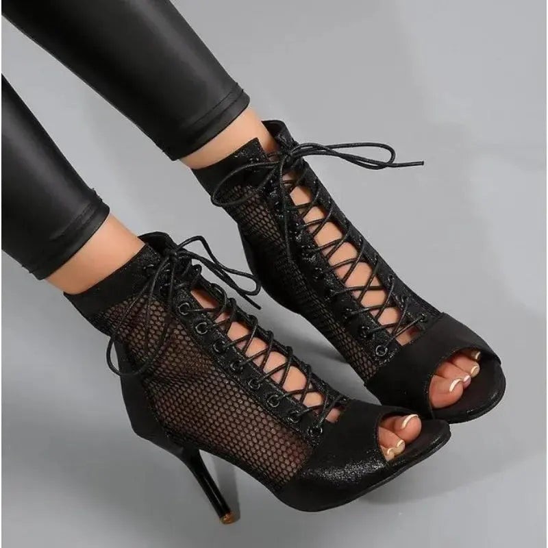 Mesh Peep-Toe Ankle-Strap Heels