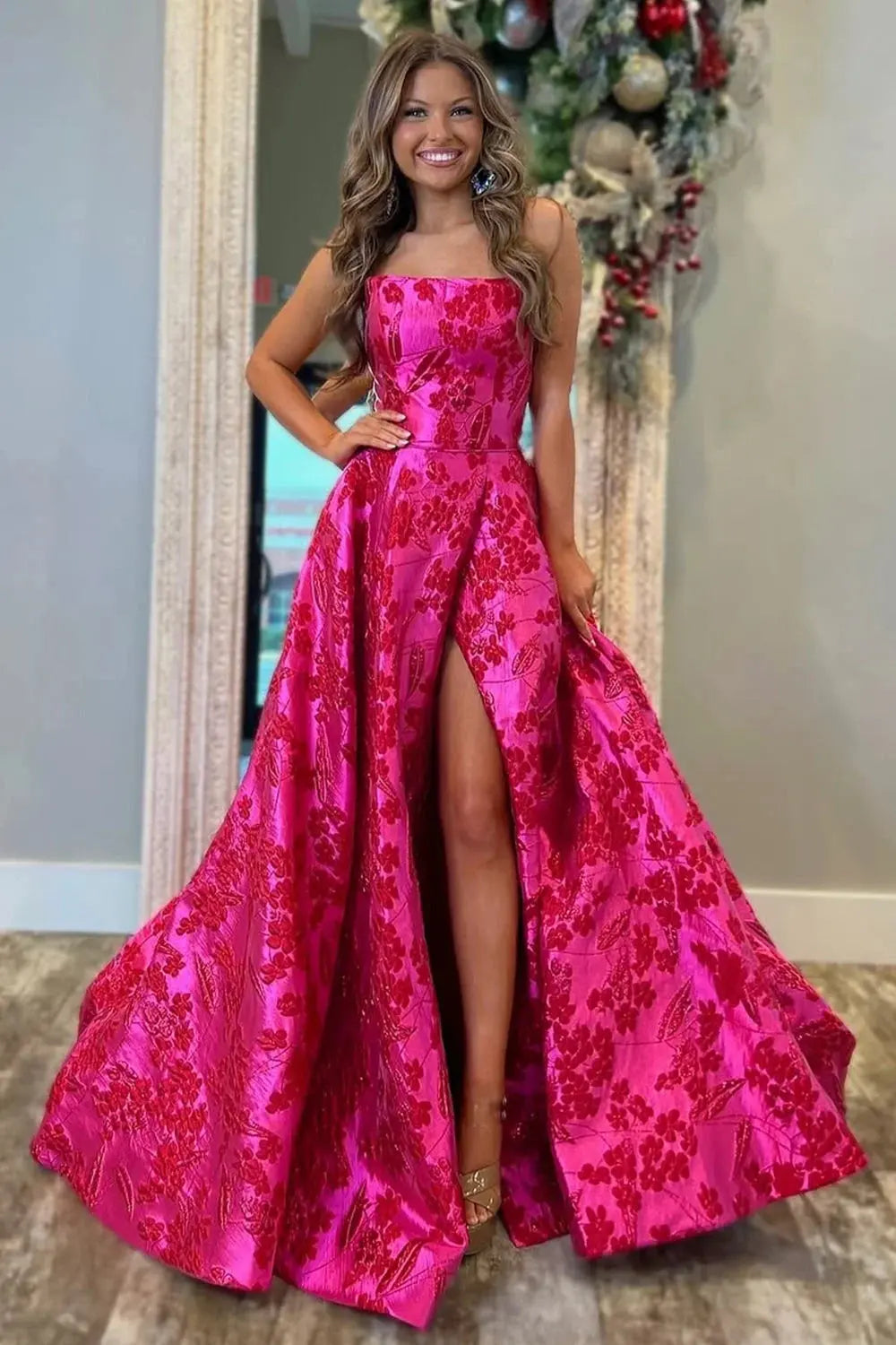 Fuchsia Strapless High-Slit Prom Gown
