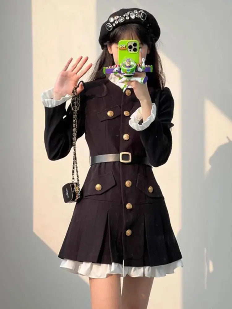 Button-Detail Long-Sleeve Mini Dress