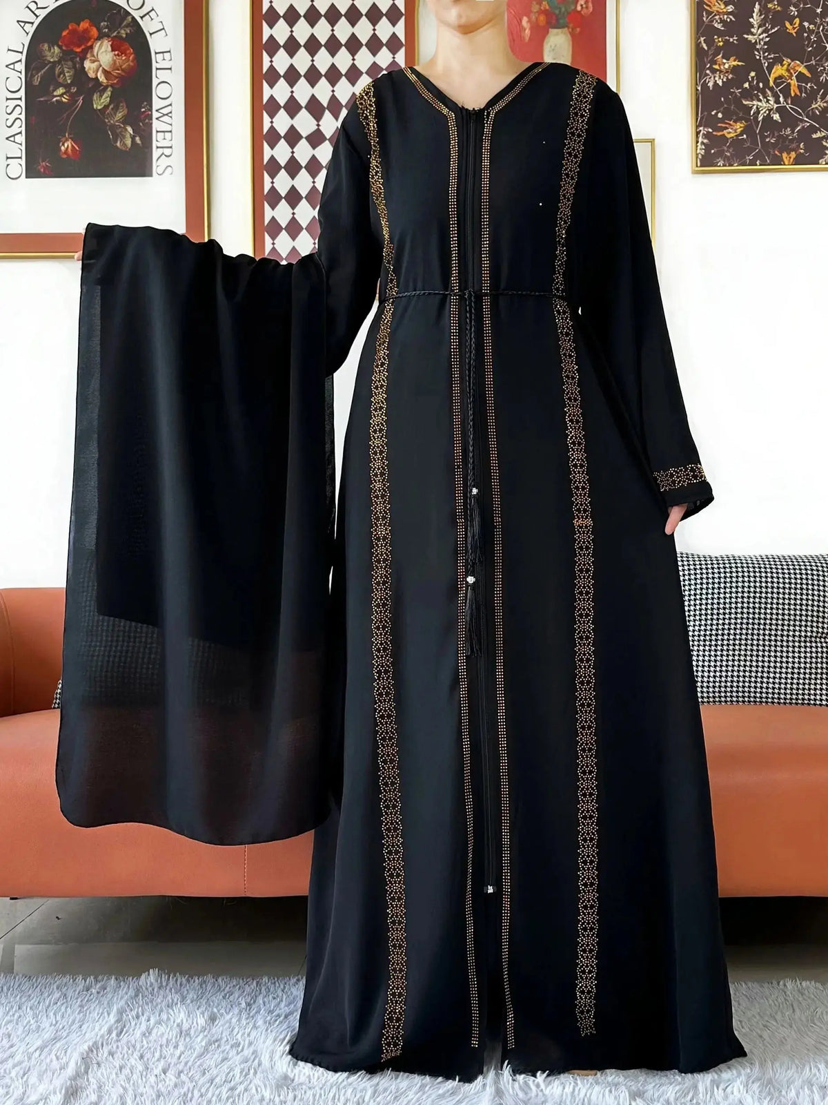 Embellished Chiffon Zip Abaya