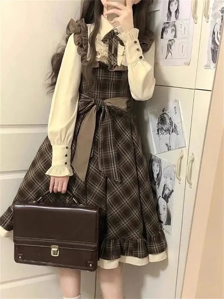 Plaid Bow Ruffle Midi Dress