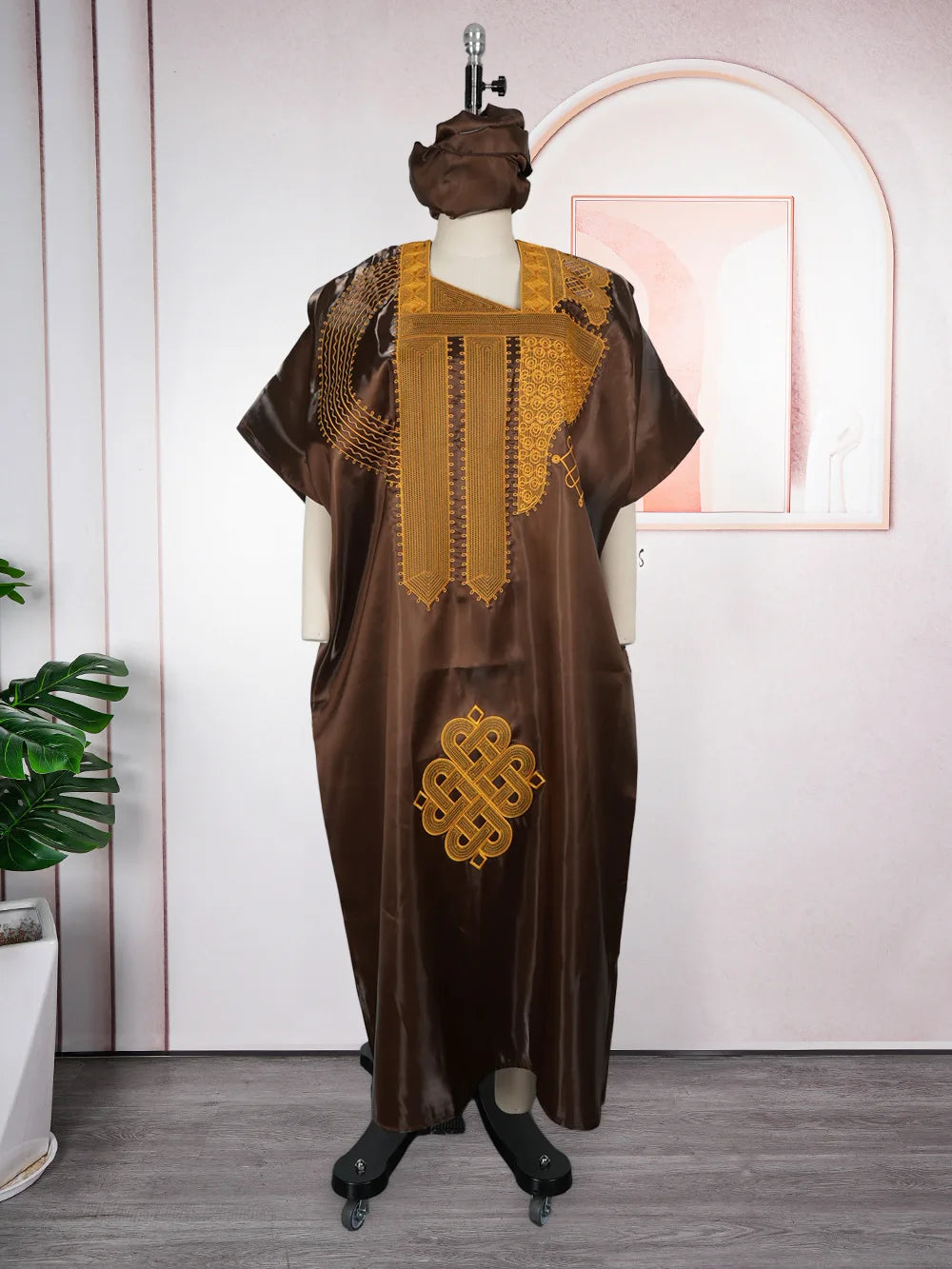 Embroidered Satin-Style Square-Neck Robe Dress