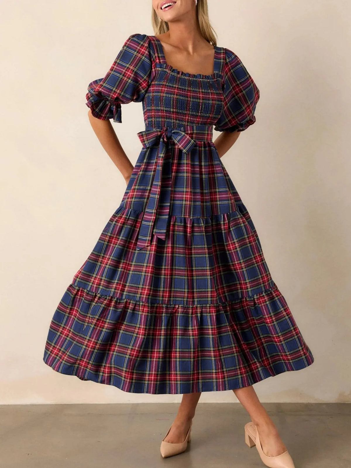 Plaid Bow A-Line Midi Dress