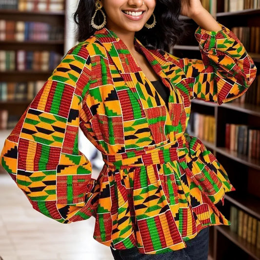 African-Print V-Neck Long-Sleeve Top
