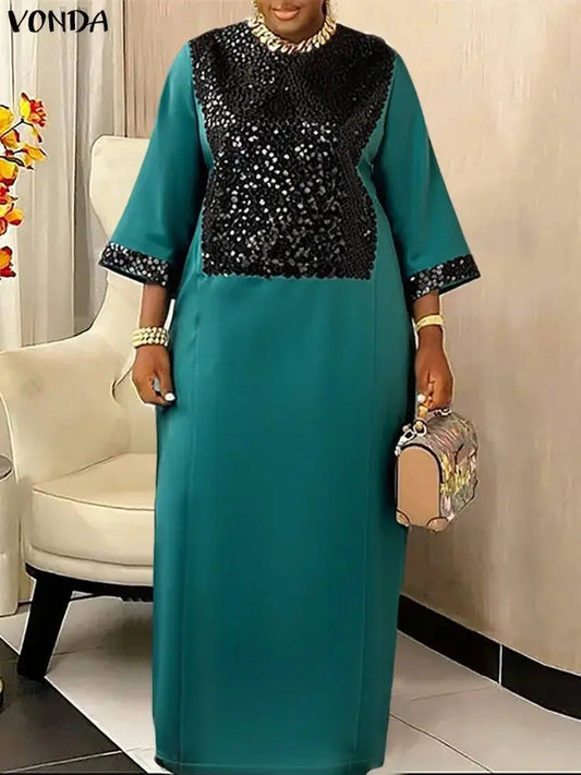 Sequin-Spliced Three-Quarter-Sleeve Maxi Dress