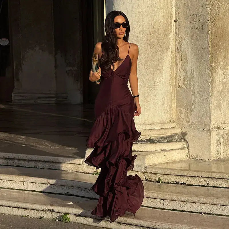 Pleated Backless Halter Gown