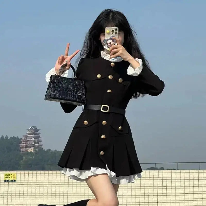 Button-Detail Long-Sleeve Mini Dress