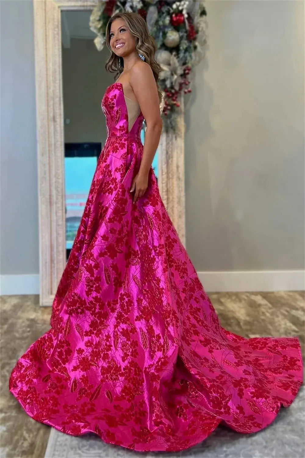 Fuchsia Strapless High-Slit Prom Gown
