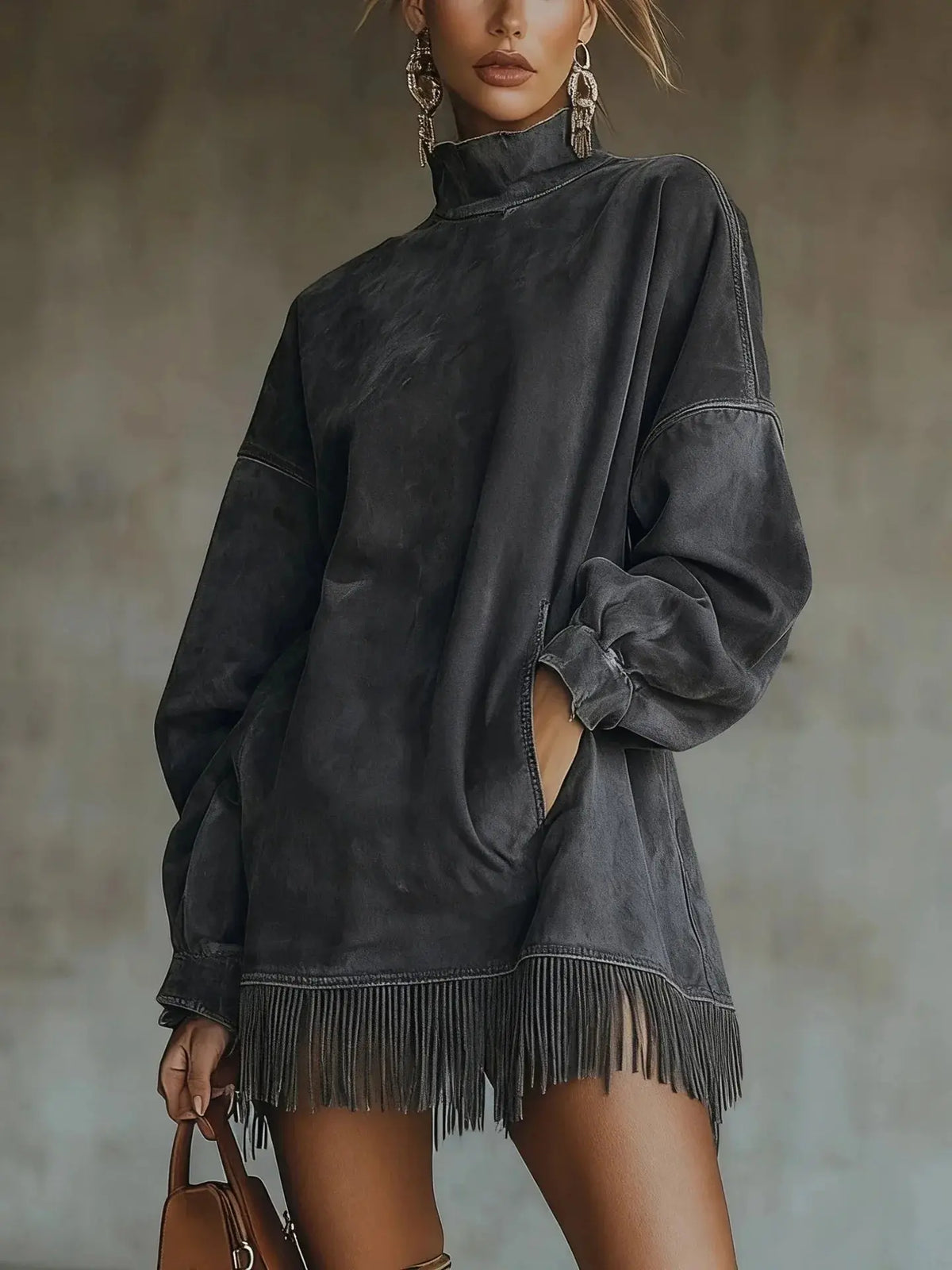 Tassel High-Collar Batwing Dress