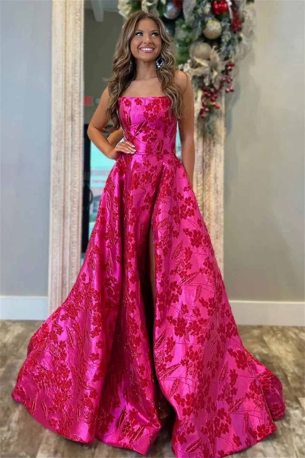 Fuchsia Strapless High-Slit Prom Gown