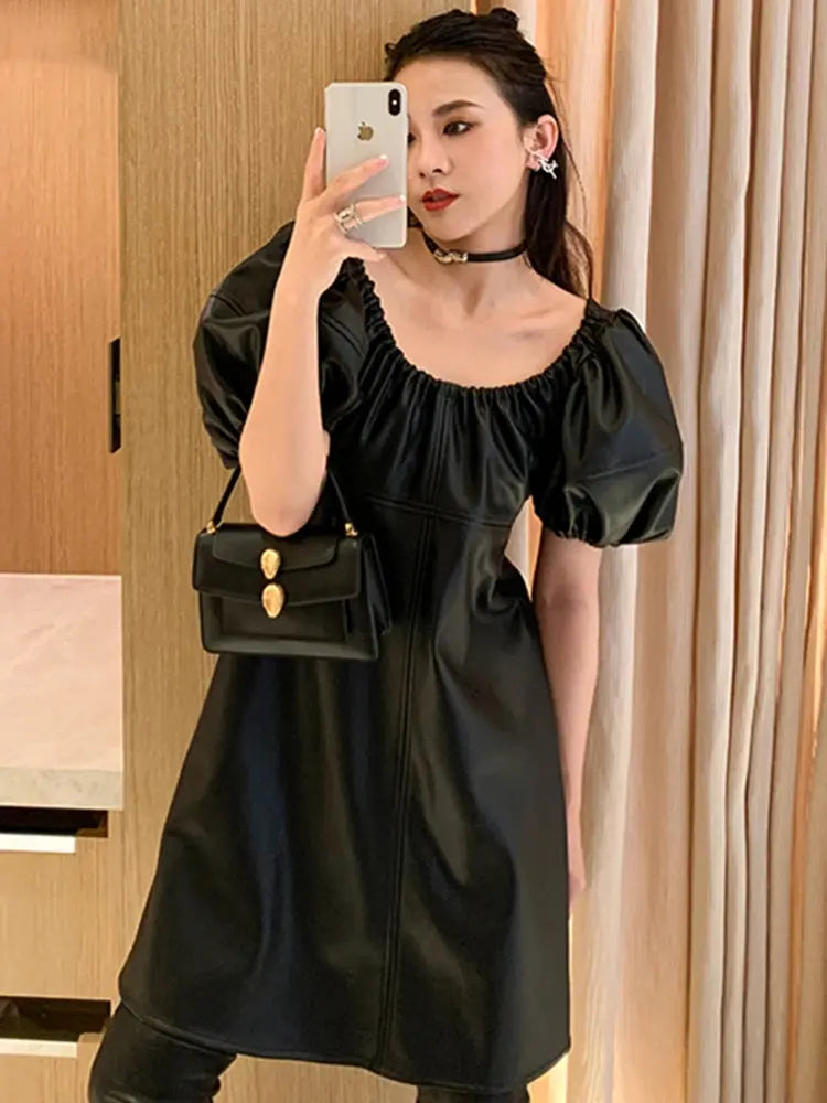 Lantern-Sleeve Faux-Leather Dress
