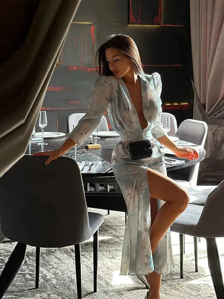 Printed Deep V-Neck Split Maxi Dress