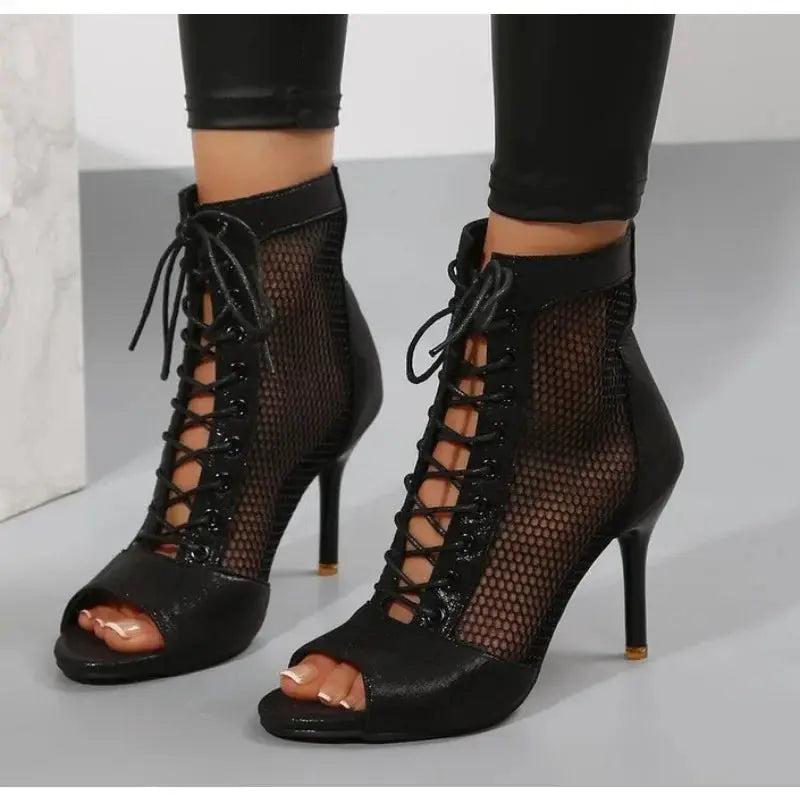 Mesh Peep-Toe Ankle-Strap Heels