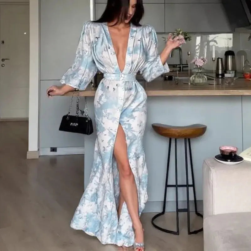 Printed Deep V-Neck Split Maxi Dress