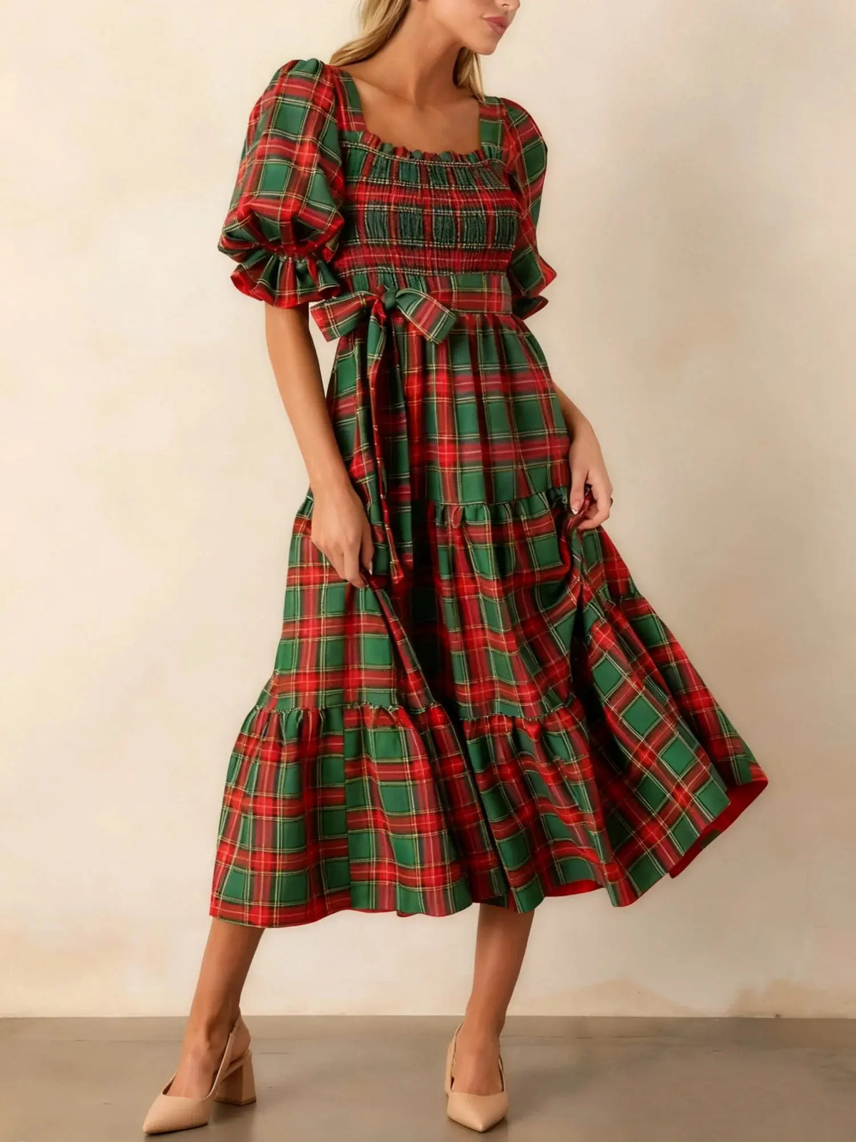 Plaid Bow A-Line Midi Dress