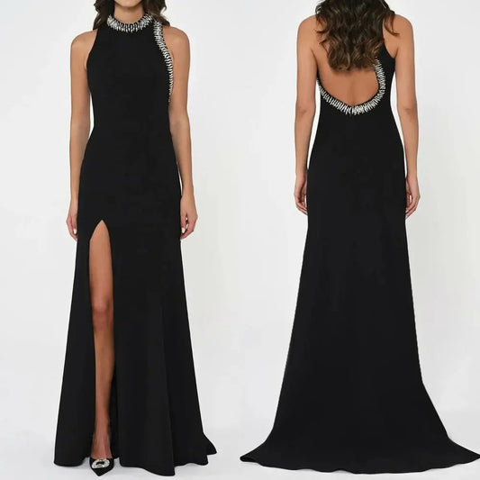 Beaded Pleated Halter Evening Gown