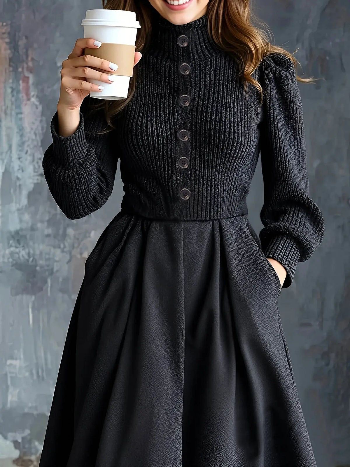 Black Knit Half-Turtleneck Maxi Dress