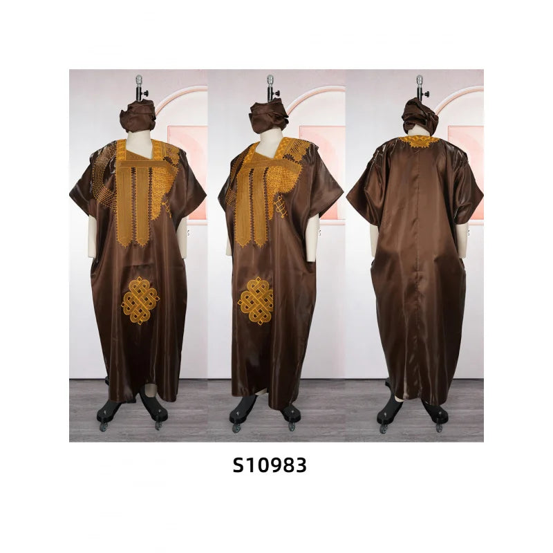Embroidered Satin-Style Square-Neck Robe Dress