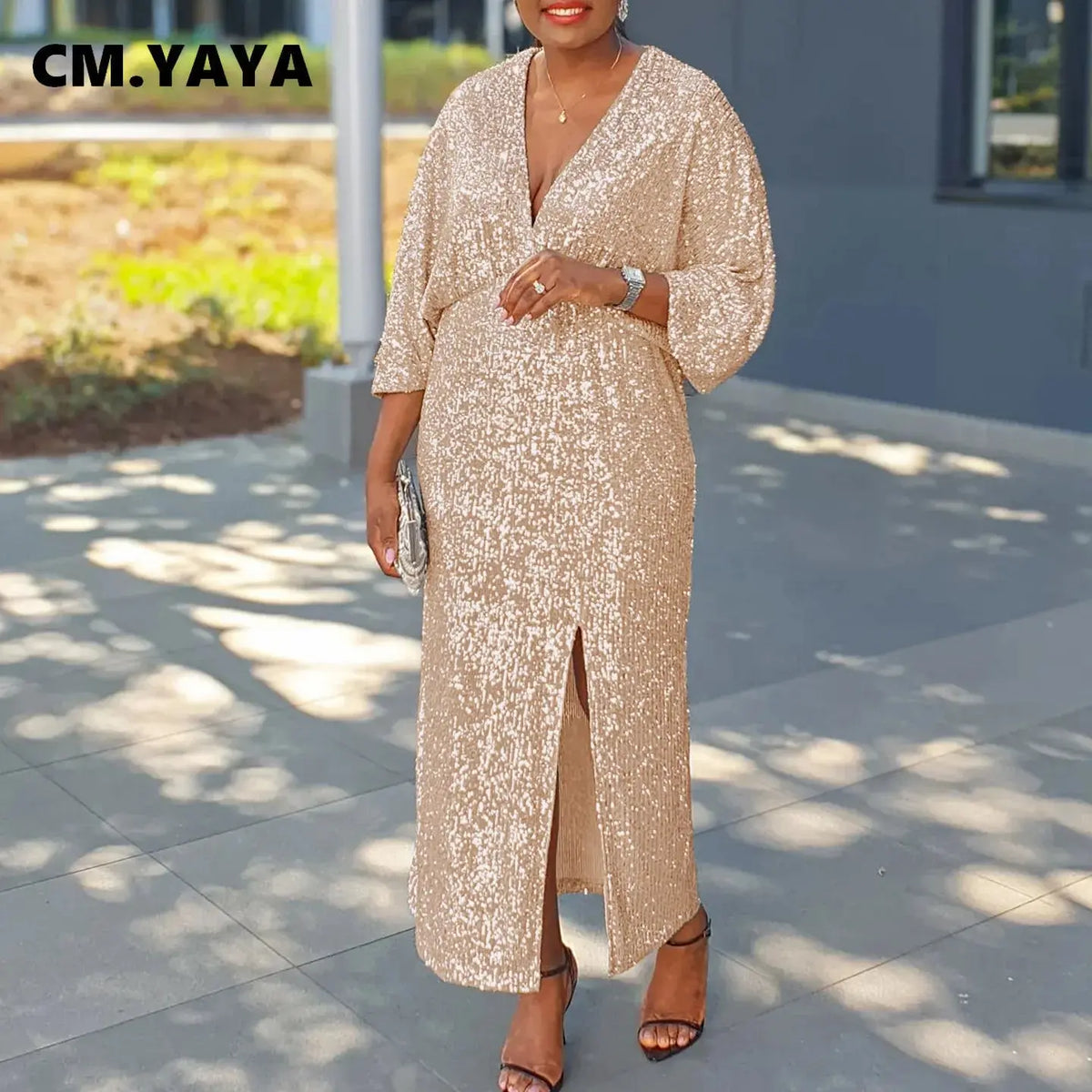 Sequined V-Neck High-Split Gown