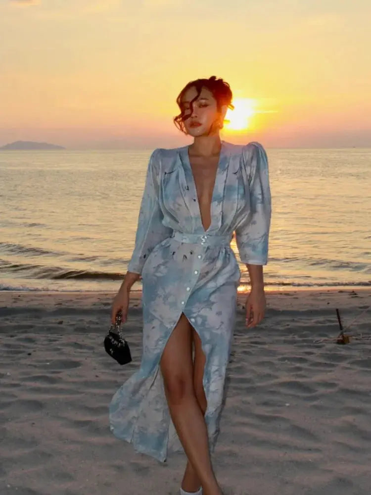 Printed Deep V-Neck Split Maxi Dress