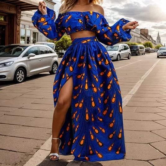 African Heritage Two-Piece Set with Slash-Neck Top & Slit Skirt