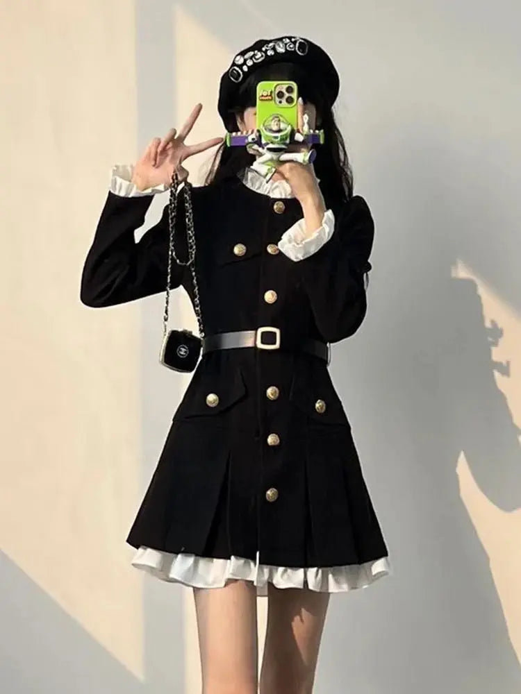Button-Detail Long-Sleeve Mini Dress