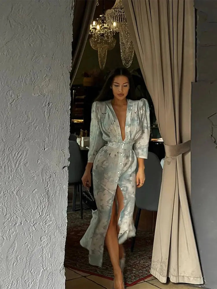 Printed Deep V-Neck Split Maxi Dress