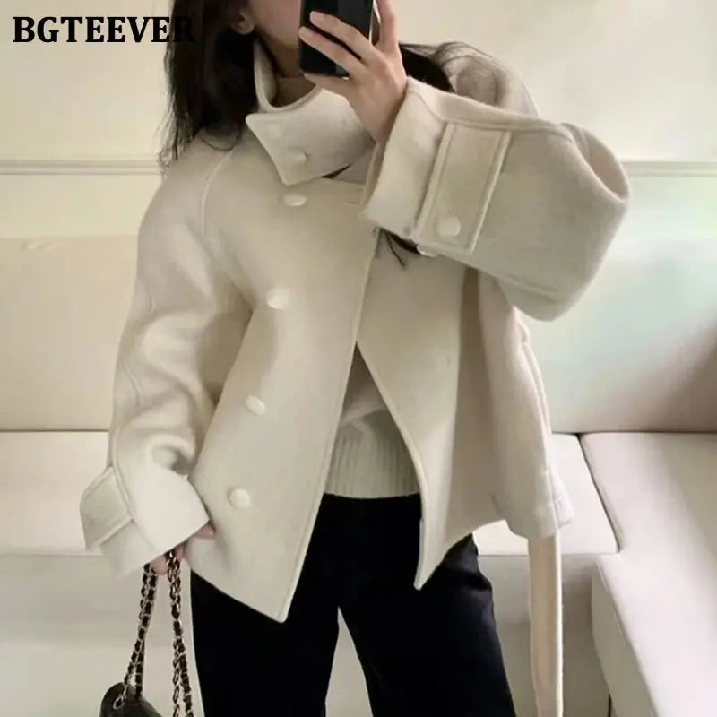 Stand-Collar Belted Coat