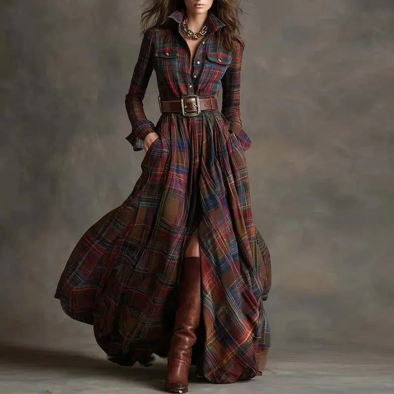 Autumn Whisper Maxi: Swirl in Plaid Elegance