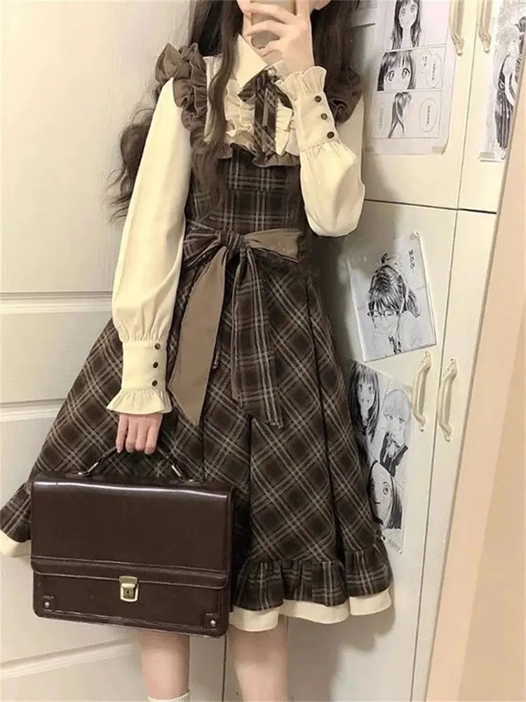 Plaid Bow Ruffle Midi Dress