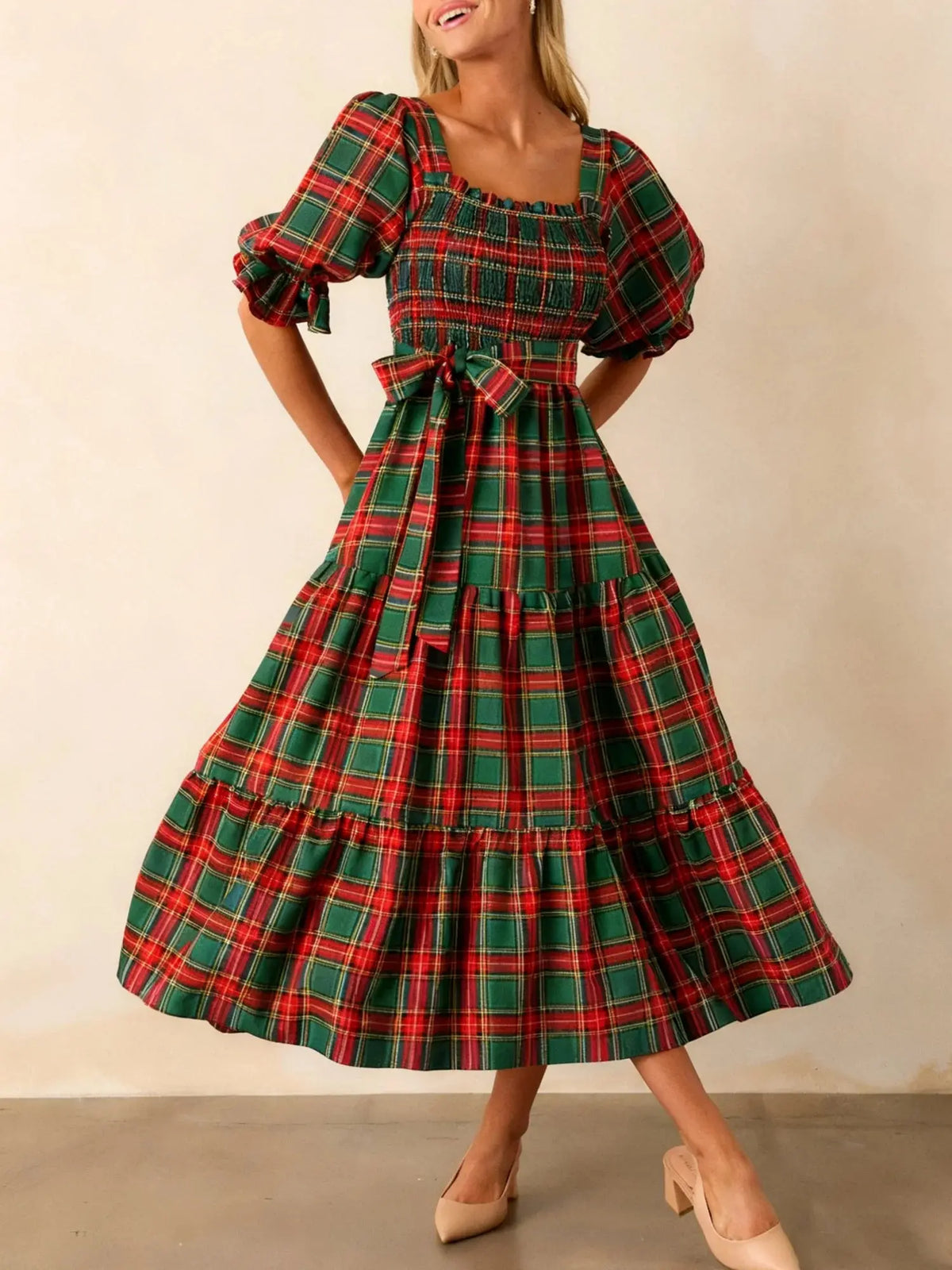 Plaid Bow A-Line Midi Dress