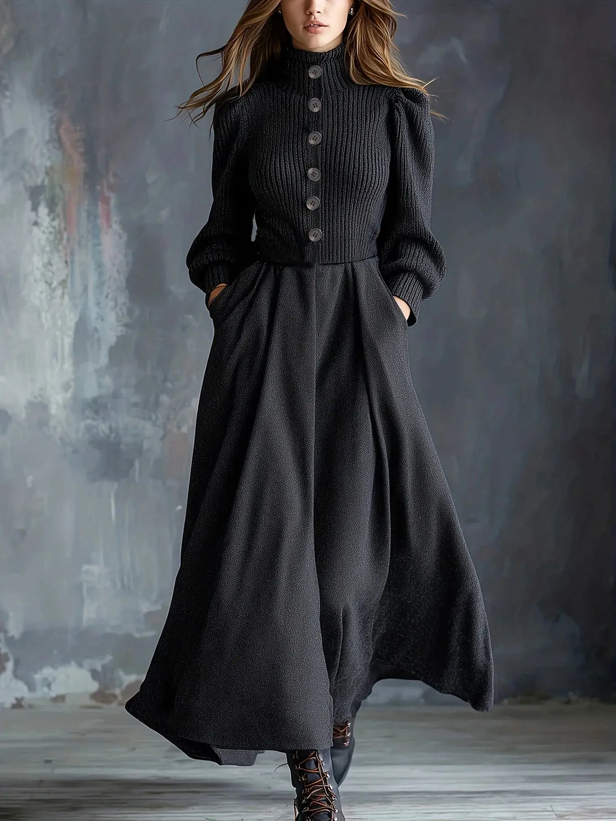 Black Knit Half-Turtleneck Maxi Dress