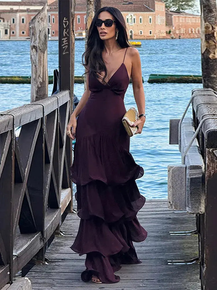 Pleated Backless Halter Gown