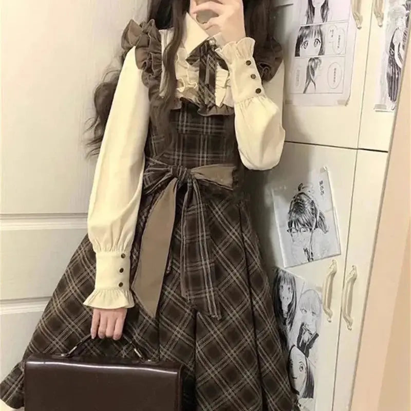 Plaid Bow Ruffle Midi Dress