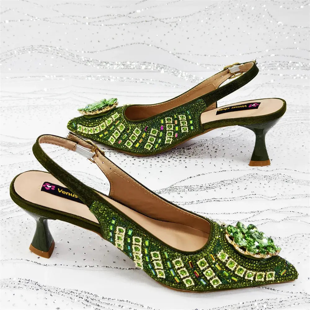 Capture Glamour: Green Heels & Rhinestone Set