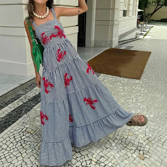 Sunset Soirée Plaid Embroidered Midi Dress