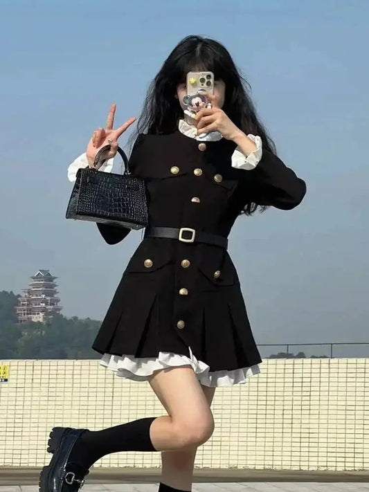 Button-Detail Long-Sleeve Mini Dress