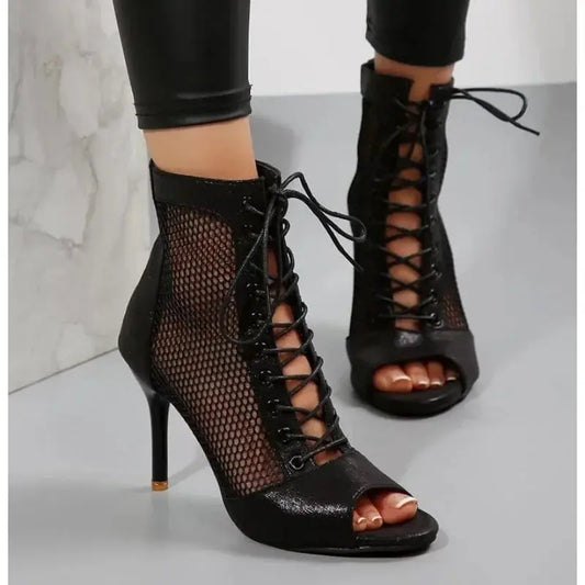 Mesh Peep-Toe Ankle-Strap Heels