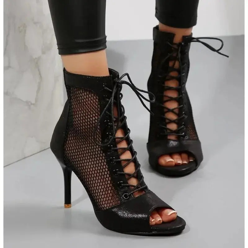 Mesh Peep-Toe Ankle-Strap Heels