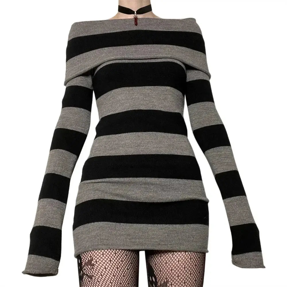 Midnight Striped Boat-Neck Bodycon Dress