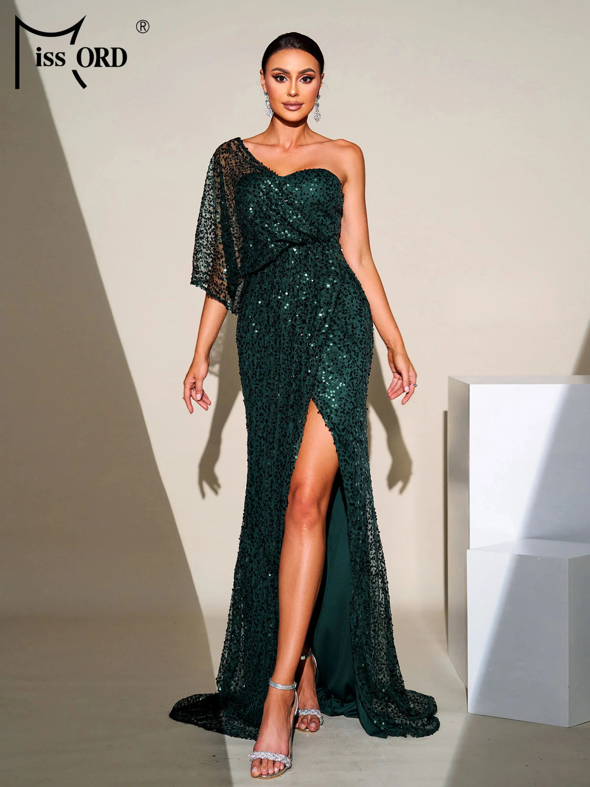 One-Shoulder Sequin Split Gown