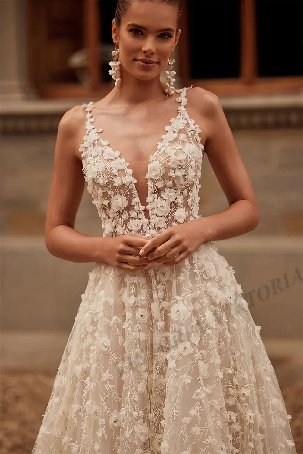 Deep V-Neck Lace Wedding Gown