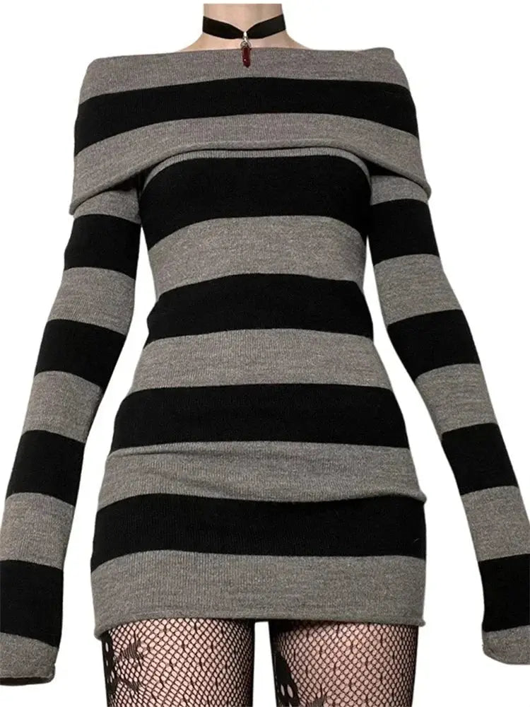 Midnight Striped Boat-Neck Bodycon Dress