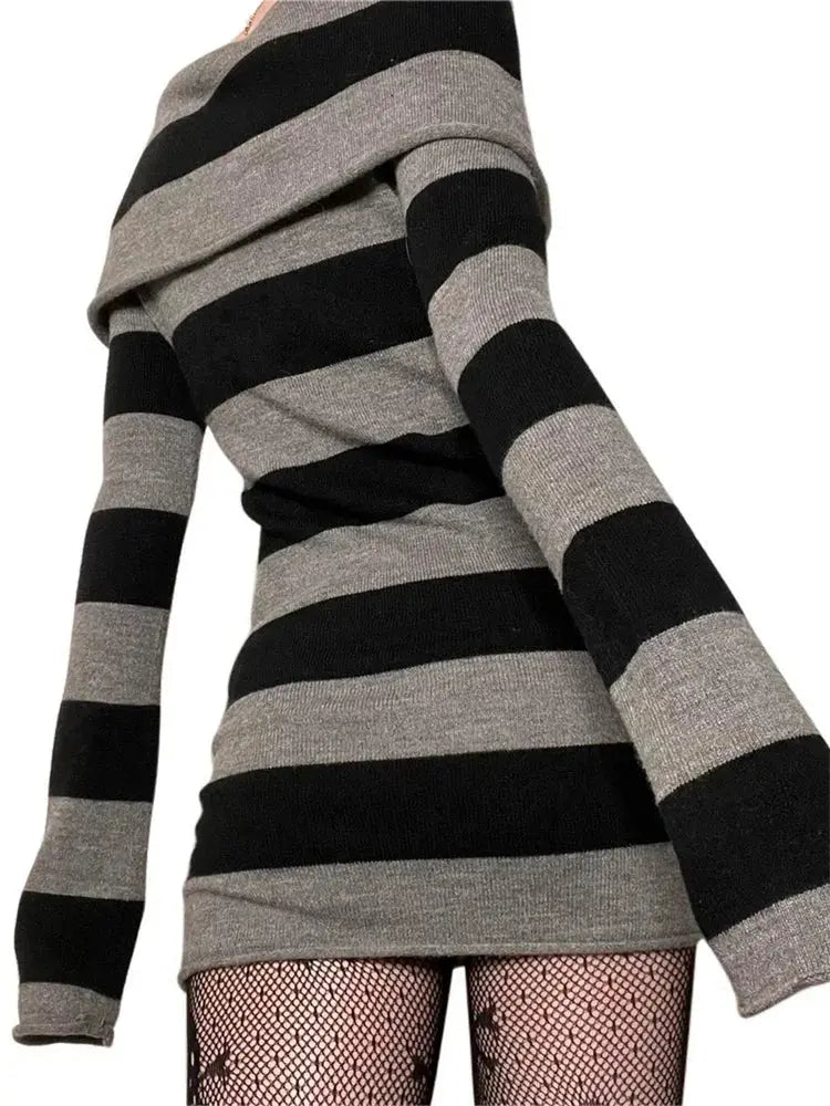 Midnight Striped Boat-Neck Bodycon Dress