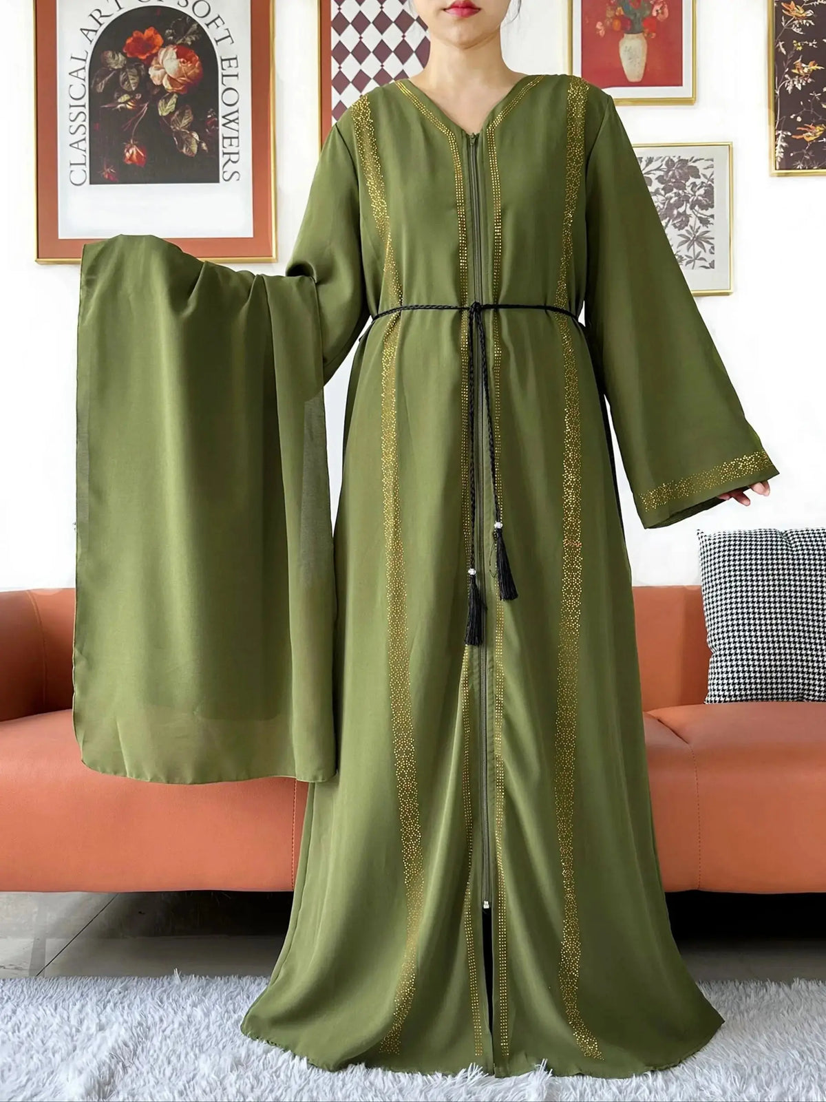 Embellished Chiffon Zip Abaya